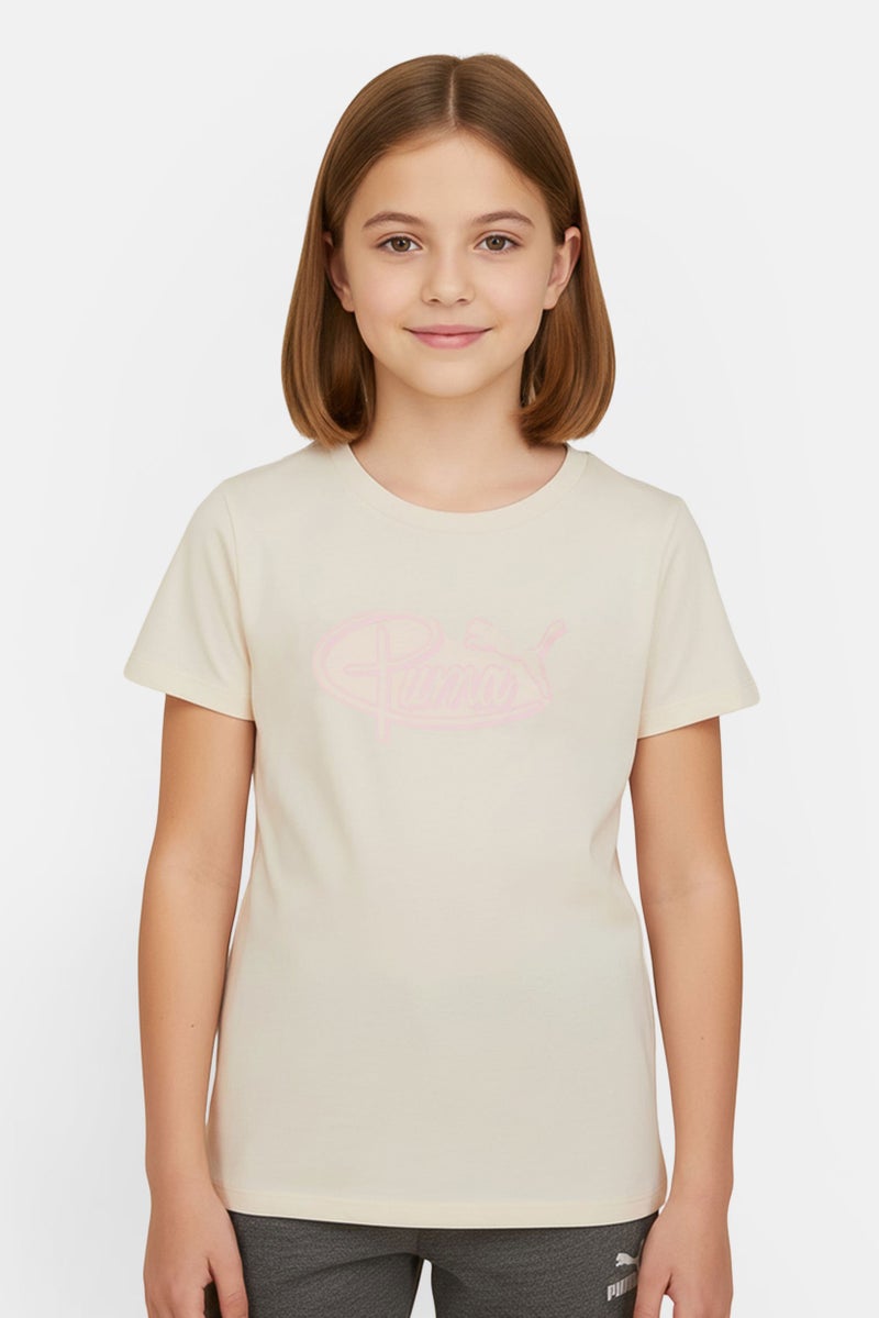 PUMA ملابس رياضية للبنات للأطفال تي شيرت قصير الأكمام خارجي، بيج - Image 1