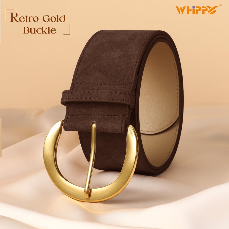 WHIPPY Womenâ€™s Wide Leather Belt for Dresses Fashion Casual Laides Thick Suede Belt with Gold Buckle, Coffee, M - Image 2