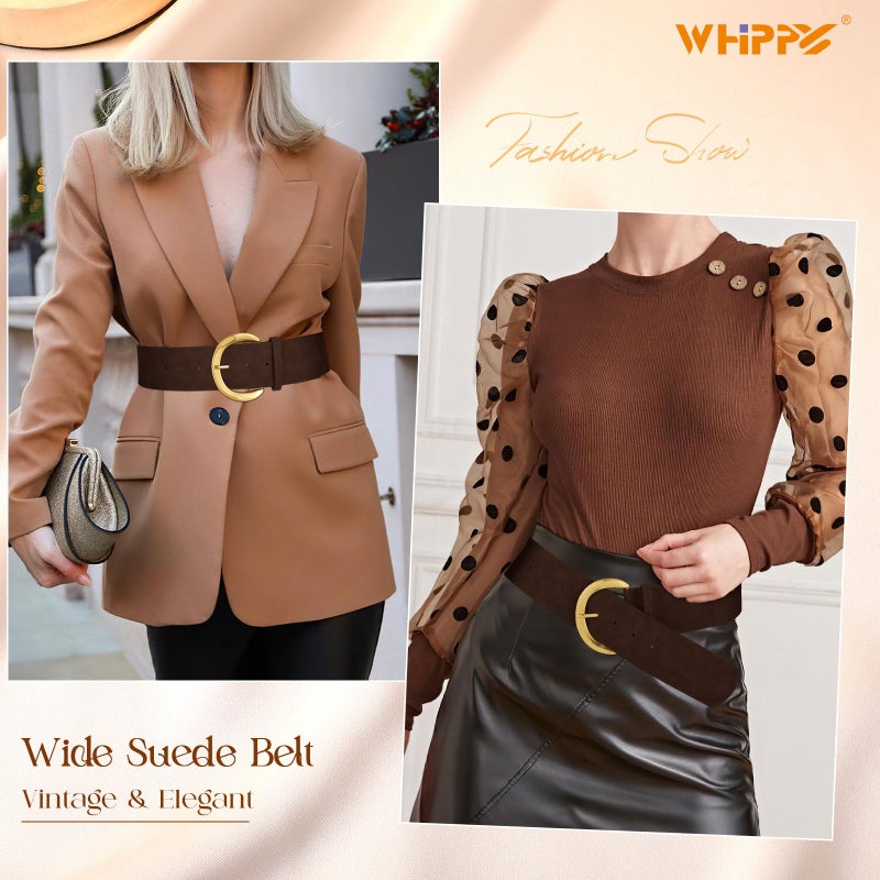 WHIPPY Womenâ€™s Wide Leather Belt for Dresses Fashion Casual Laides Thick Suede Belt with Gold Buckle, Coffee, M - Image 3