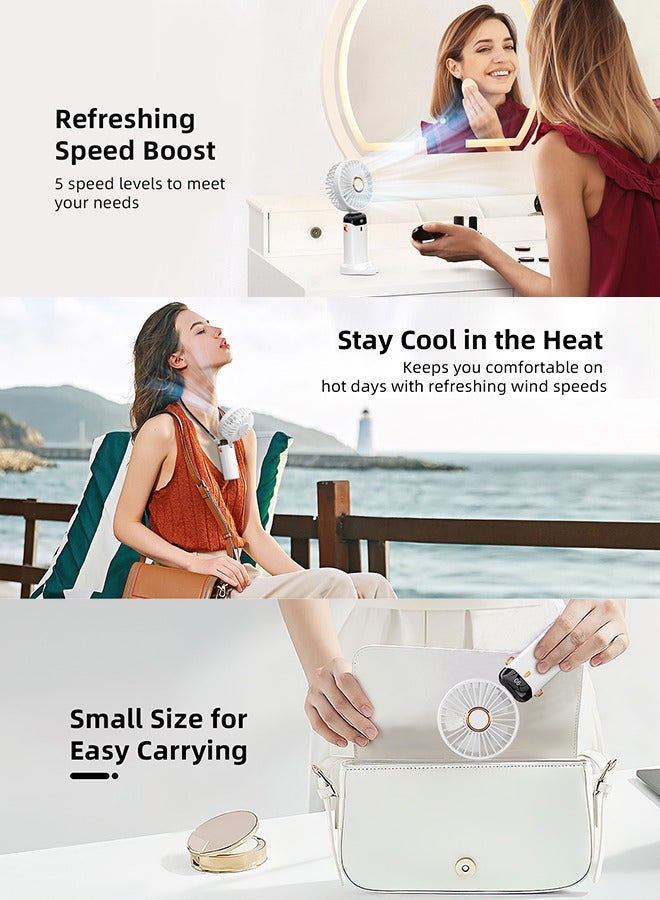مروحة يد محمولة، مروحة صغيرة هادئة، مروحة قابلة لإعادة الشحن ببطارية USB بقدرة 2400 مللي أمبير في الساعة، مروحة طاولة تعمل بالبطارية مع 5 سرعات للمنزل والسفر والتنقل والمكياج والمكتب (أبيض) - Image 2
