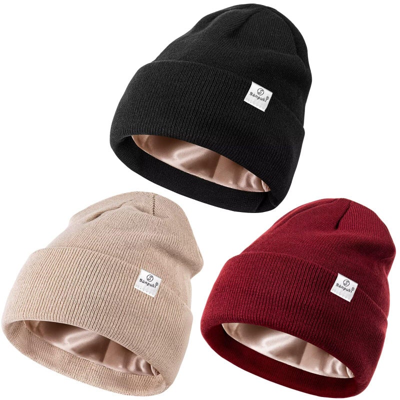SENPUKI 3 Pack Satin Lined Winter Beanie Hats for Women Men,Silk Lined Beanie Knit Soft Warm Cuffed Hat(Black+Beige+Burgundy) - Image 1
