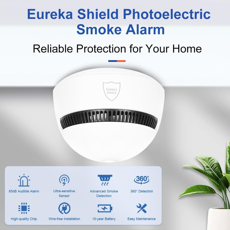 EUREKA SHIELD 10-Year Battery Smoke Detector for Home | 85dB Fire Alarm, Military-Grade Photoelectric Sensor Reduces 70% False Alarms | CE/UL Globally Certified | Easy Install (Adhesive/Screws) (3) - Image 2