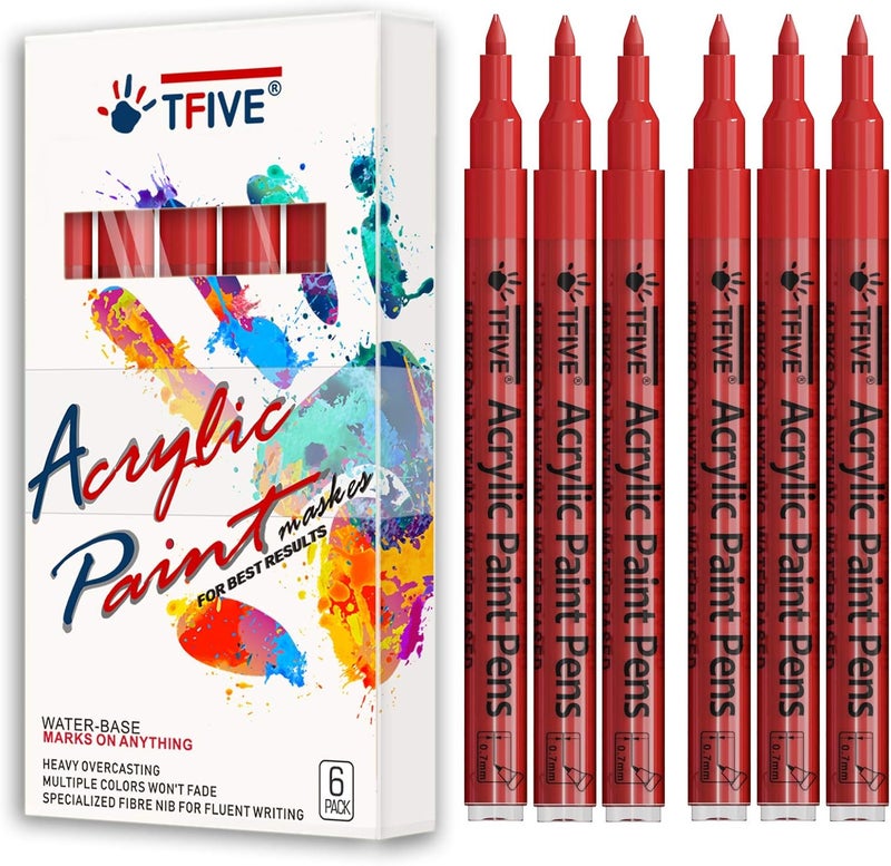 TFIVE Red Marker Paint Pens - 6 Pack Acrylic Red Permanent Marker, 0.7mm Extra Fine Tip Paint Pen for Art projects, Drawing, Rock Painting, Stone, Ceramic, Glass, Wood, Plastic, Metal, Canvas DIY Crafts - Image 1