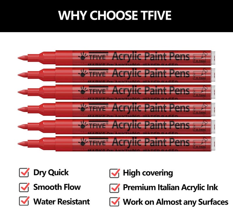 TFIVE Red Marker Paint Pens - 6 Pack Acrylic Red Permanent Marker, 0.7mm Extra Fine Tip Paint Pen for Art projects, Drawing, Rock Painting, Stone, Ceramic, Glass, Wood, Plastic, Metal, Canvas DIY Crafts - Image 2