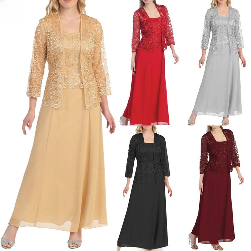 2023 New Womens Lace Cardigan Set Elegant Chiffon Dress Khaki - Image 2