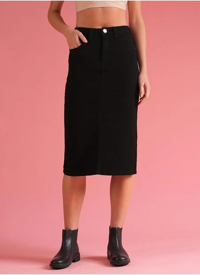 جلو باص Solid High Rise Pencil Midi Skirt with Pockets by Styli
