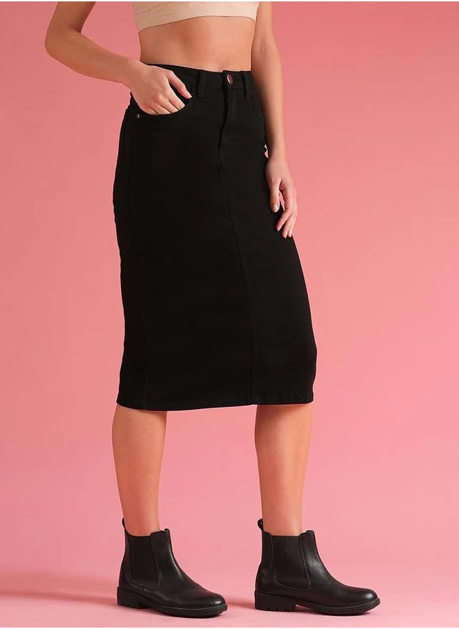 جلو باص Solid High Rise Pencil Midi Skirt with Pockets by Styli