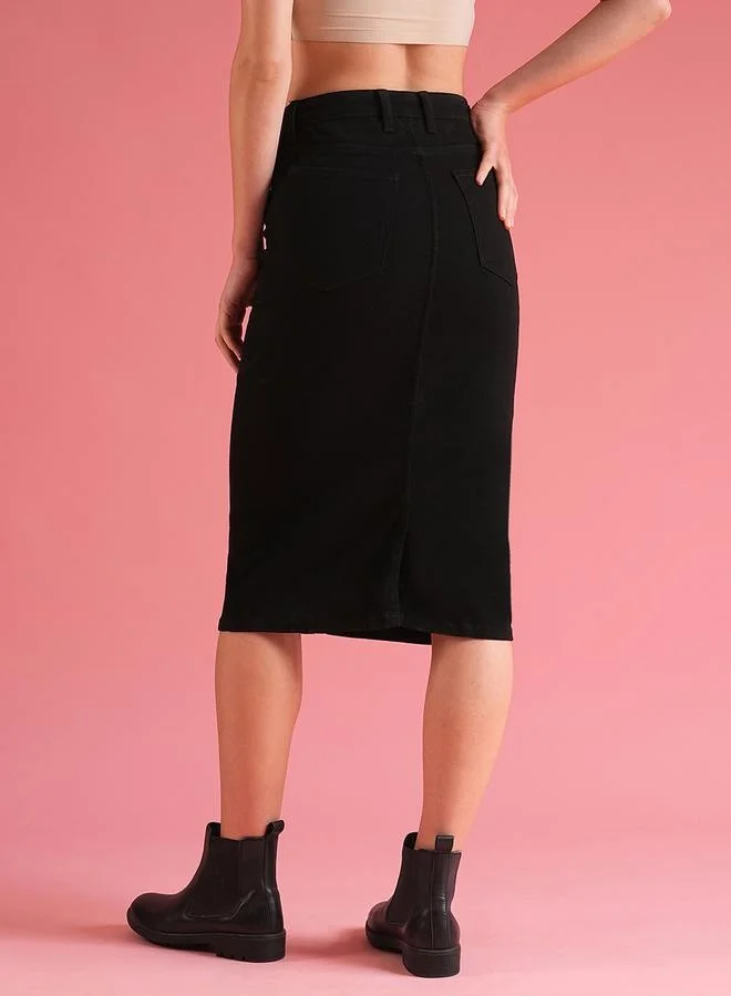 globus Globus Solid High Rise Pencil Midi Skirt with Pockets