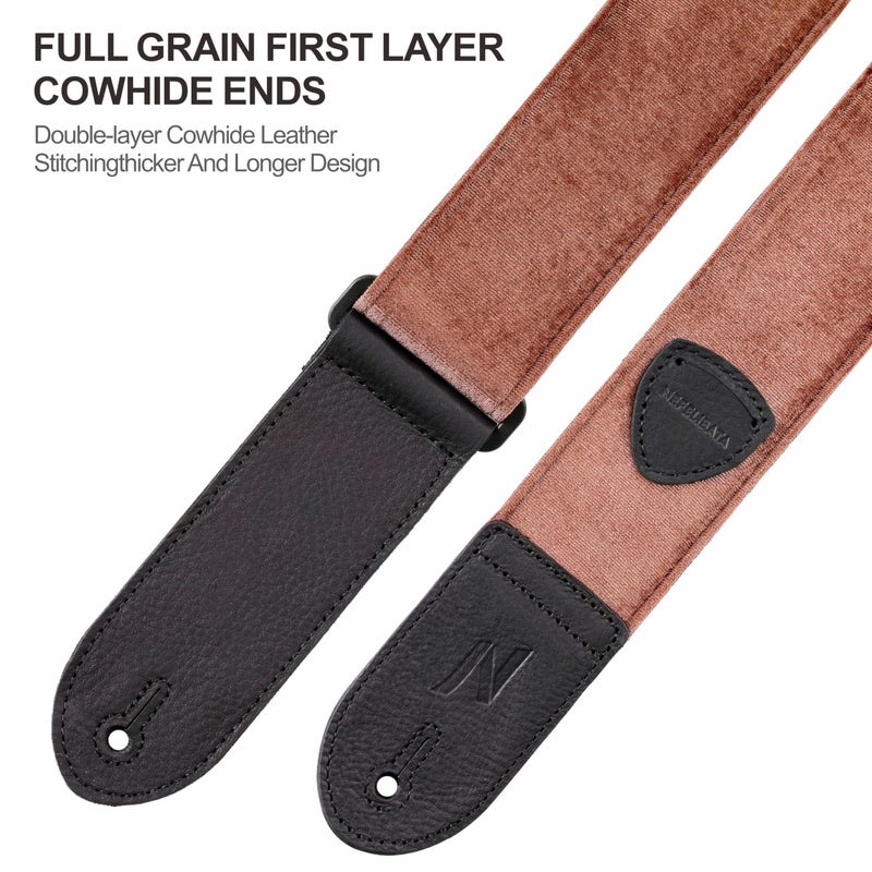 Nefelibata Guitar Strap,Double Full-Grain Leather Ends,Vintage Velvet Strap/FREE BONUS-4 Picks+Strap Locks+Strap Button,Gift For Bass,Electric&Acoustic Guitars(Vintage Coffee Brown) - Image 3