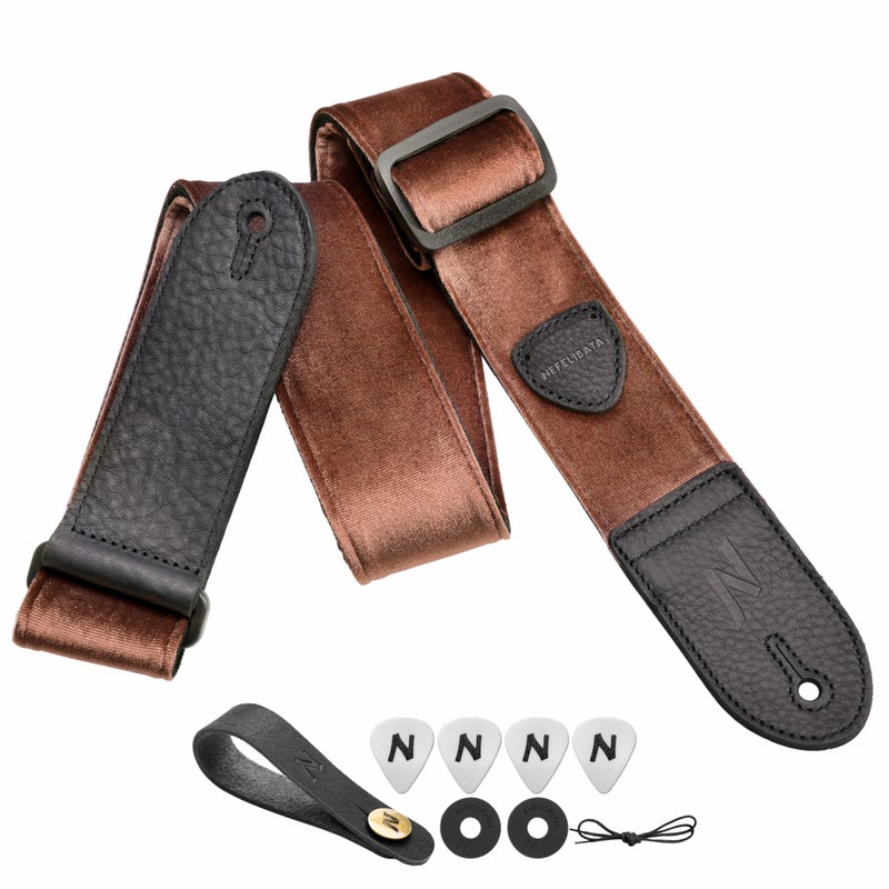 Nefelibata Guitar Strap,Double Full-Grain Leather Ends,Vintage Velvet Strap/FREE BONUS-4 Picks+Strap Locks+Strap Button,Gift For Bass,Electric&Acoustic Guitars(Vintage Coffee Brown) - Image 1