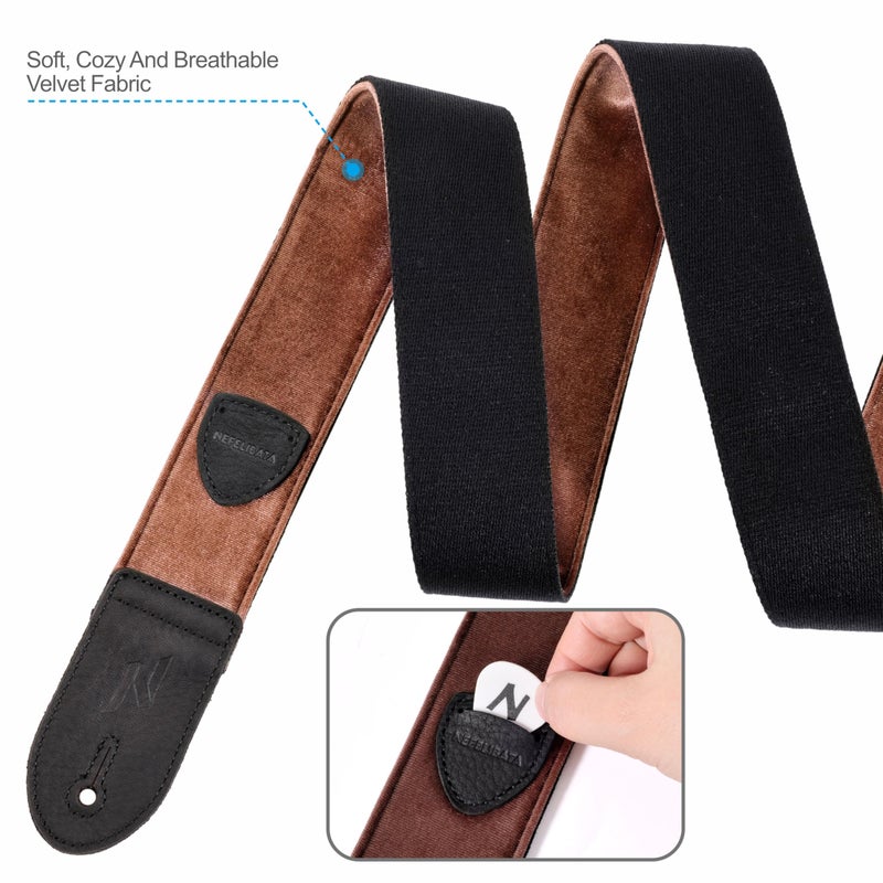 Nefelibata Guitar Strap,Double Full-Grain Leather Ends,Vintage Velvet Strap/FREE BONUS-4 Picks+Strap Locks+Strap Button,Gift For Bass,Electric&Acoustic Guitars(Vintage Coffee Brown) - Image 4