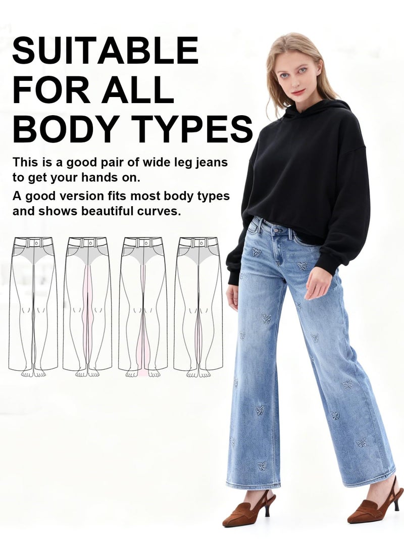 ONESO Mid-Low Rise Baggy Jeans Wide Leg for Women Distressed Pants Stretchy Bottom Lady Basic Comfortable Denim Butterfly Printed - Image 5