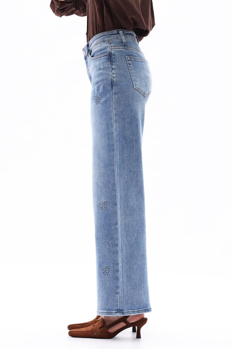 ONESO Mid-Low Rise Baggy Jeans Wide Leg for Women Distressed Pants Stretchy Bottom Lady Basic Comfortable Denim Butterfly Printed - Image 2