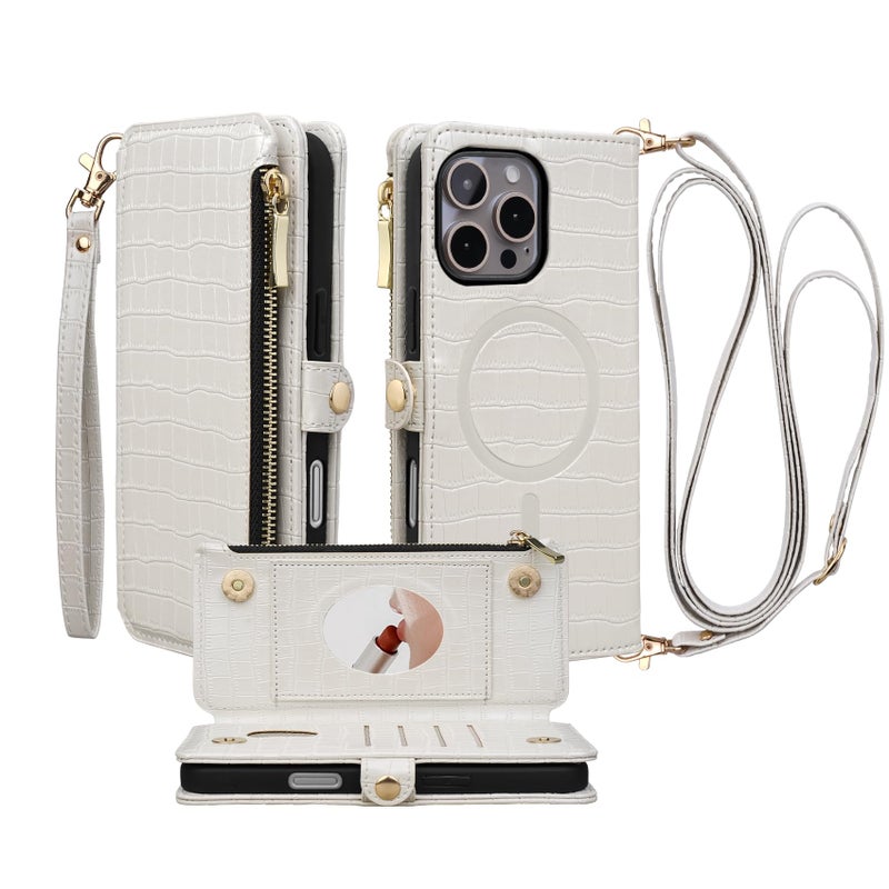 Stylivolve Crossbody Wallet Case for iPhone 16 Pro Max with Mirror Wrist Strap Zipper Purse Magnetic Flip RFID Blocking Card Holder Wireless Charging PU Leather Shockproof 69 Women White - Image 2