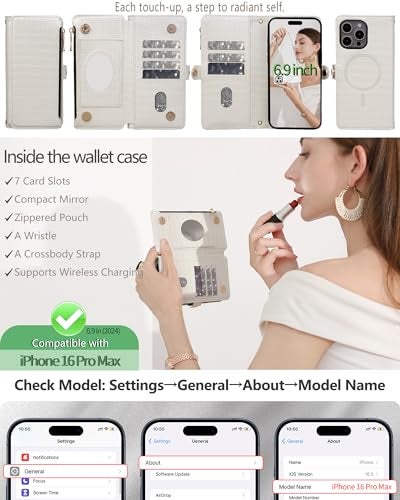 Stylivolve Crossbody Wallet Case for iPhone 16 Pro Max with Mirror Wrist Strap Zipper Purse Magnetic Flip RFID Blocking Card Holder Wireless Charging PU Leather Shockproof 69 Women White - Image 3
