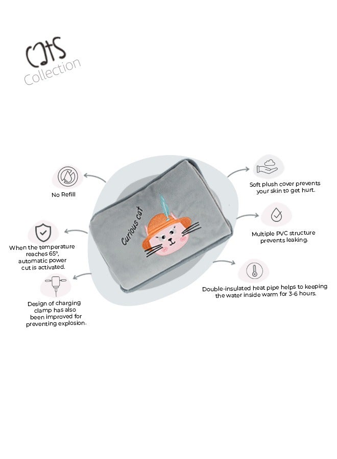 Biggdesign Curious Cat Electric Hot Water Bottle with Soft Cover Rechargable Hot Water Bag for Pain Relief  - Image 4