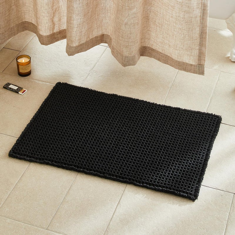 TYUU Black Bathroom Rug, Waffle Bath Mat Non Slip Washable Super Absorbent Quick Dry Boho Farmhouse Bathroom Decor, 30"x20" Black - Image 1