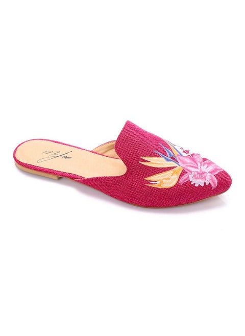 Canvas Japanese Flower Pattern Slip On Pointed Toecap Mules Fuchsia