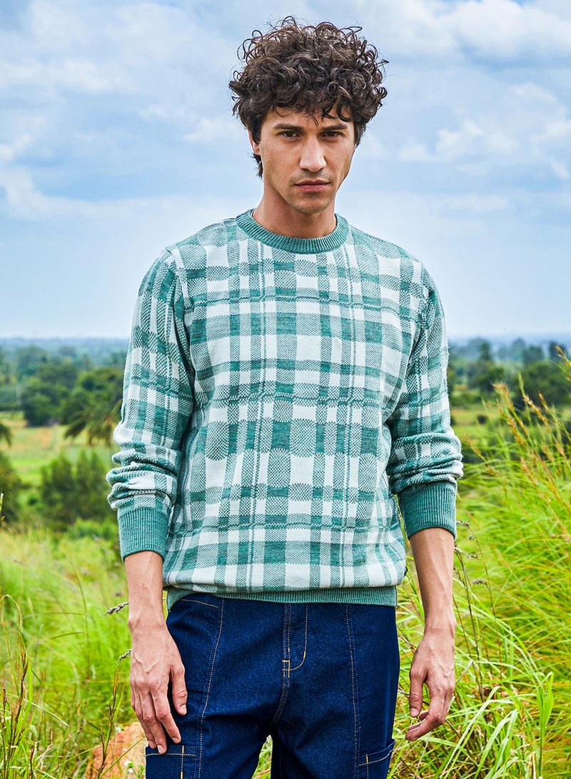 Campus Sutra Men's Sage Green Tartan Plaid Pullover Sweater - Image 2