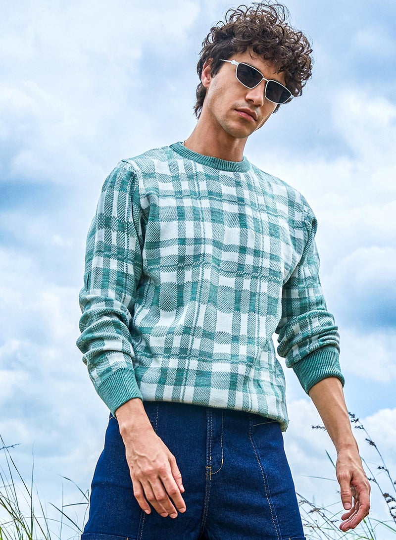 Campus Sutra Men's Sage Green Tartan Plaid Pullover Sweater - Image 1