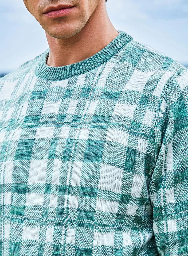 Campus Sutra Men's Sage Green Tartan Plaid Pullover Sweater