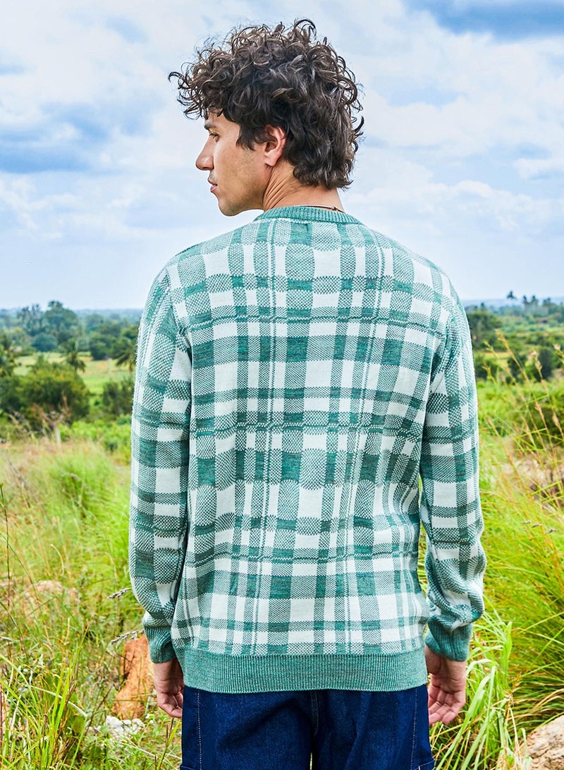 Campus Sutra Men's Sage Green Tartan Plaid Pullover Sweater - Image 5