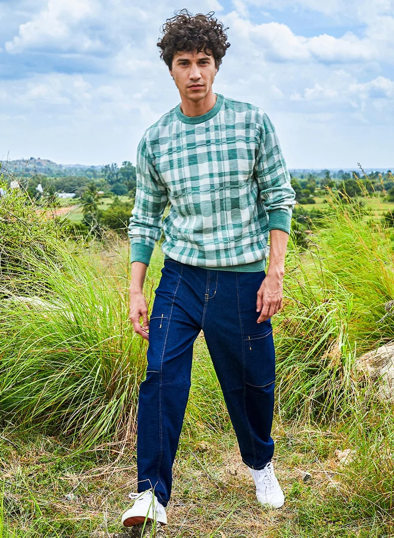 Campus Sutra Men's Sage Green Tartan Plaid Pullover Sweater