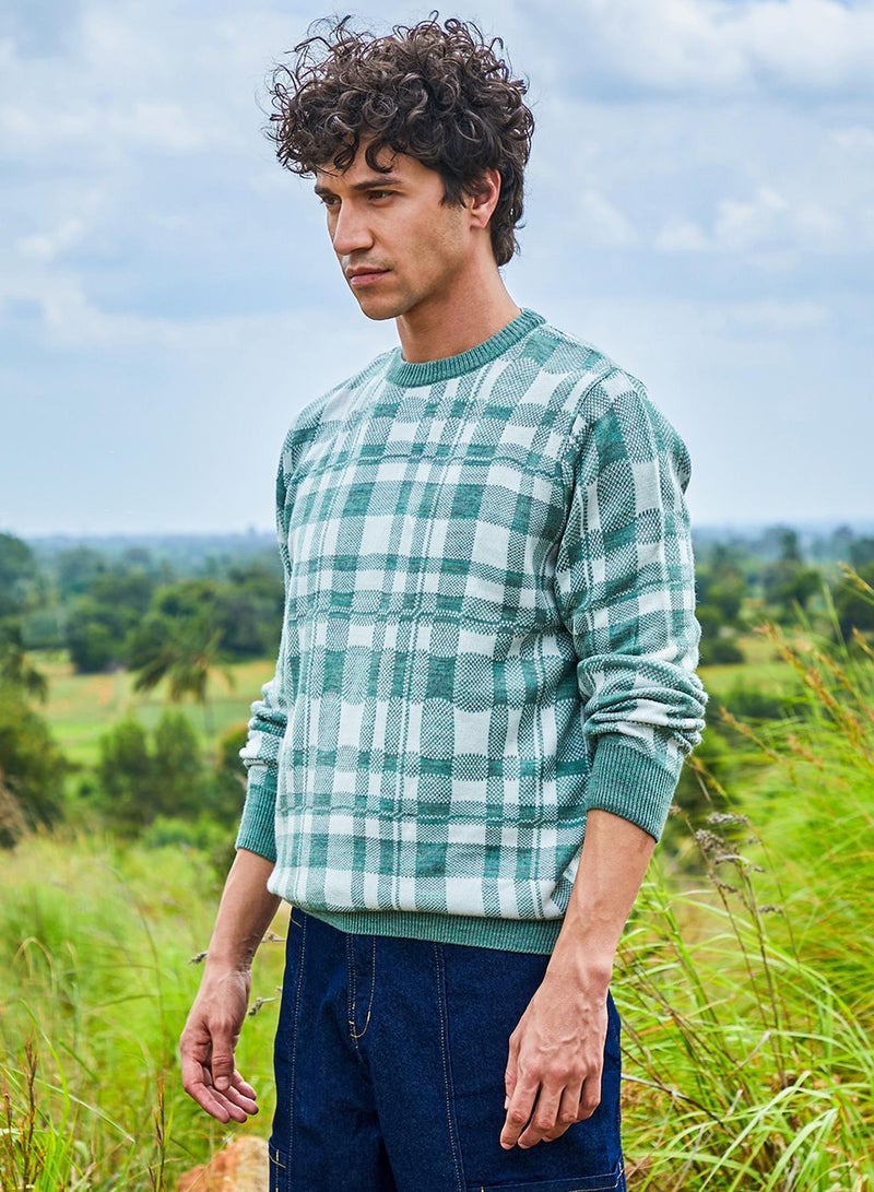 Campus Sutra Men's Sage Green Tartan Plaid Pullover Sweater - Image 3