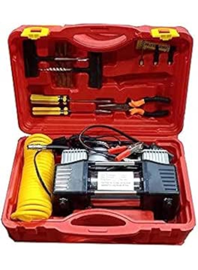 منفاخ إطارات سيارة 2 بستم (موديل Caper 1323) شديد التحمل - كمبروسر هواء محمول بقوة 150 PSI - طقم طوارئ متكامل يشمل وصلة بطارية وحقيبة حمل (أسود/فضي)