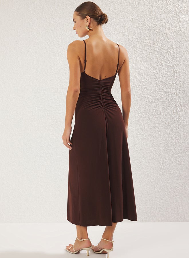 trendyol Stretchy Maxi Brown Knitted Dress  ALine with Straps and Low Back - Image 1