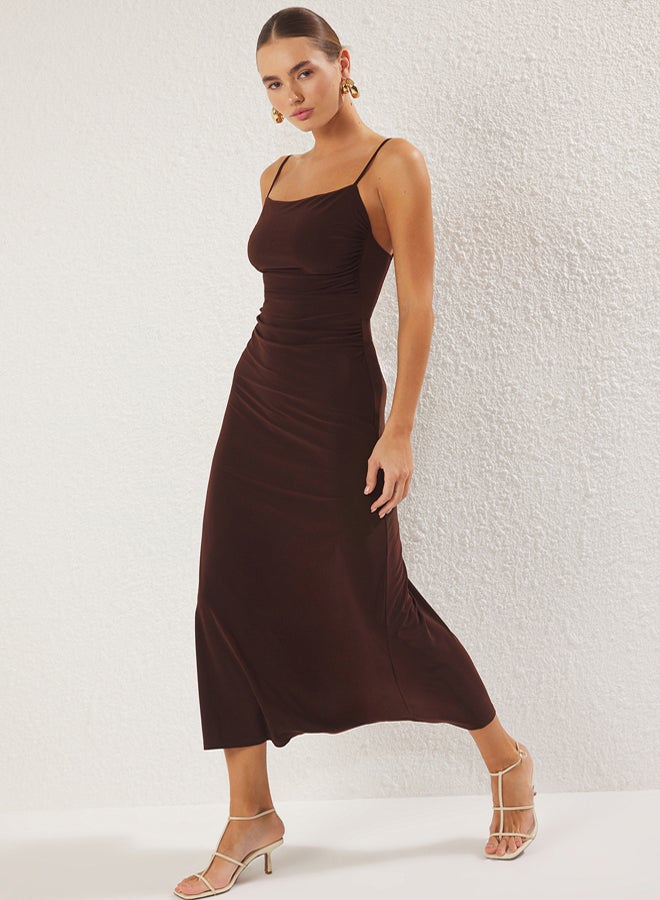 trendyol Stretchy Maxi Brown Knitted Dress  ALine with Straps and Low Back - Image 2