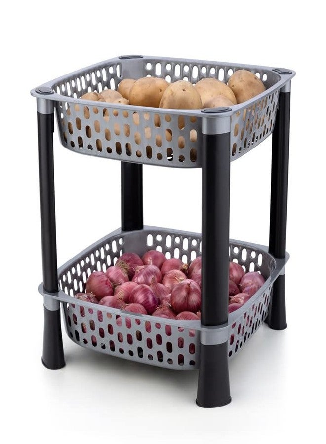 Finner Square 2 Layer Multipurpose Shelf Stand Basket Rack for Kitchen & Office Use Easy-to-Move Slide Out Stand Rack Basket Fruits & Vegetables Basket Stand-(Grey) - Image 1