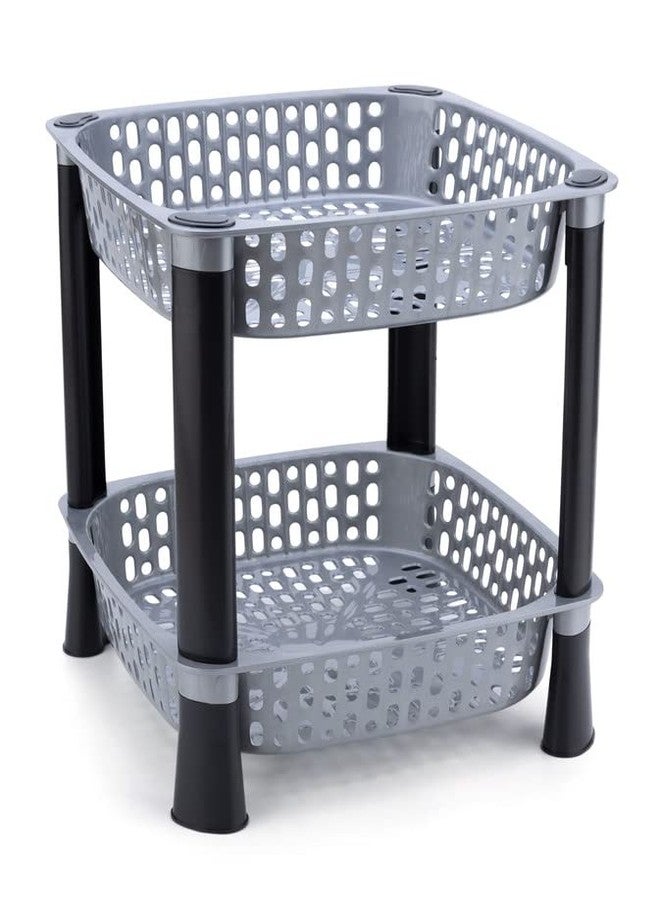 Finner Square 2 Layer Multipurpose Shelf Stand Basket Rack for Kitchen & Office Use Easy-to-Move Slide Out Stand Rack Basket Fruits & Vegetables Basket Stand-(Grey) - Image 4