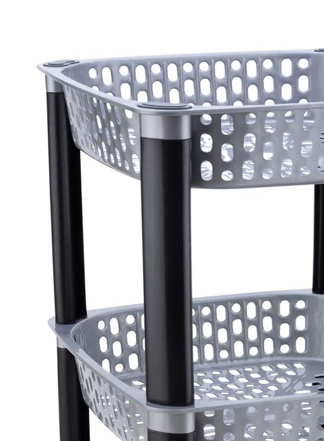 Finner Square 2 Layer Multipurpose Shelf Stand Basket Rack for Kitchen & Office Use Easy-to-Move Slide Out Stand Rack Basket Fruits & Vegetables Basket Stand-(Grey) - Image 2