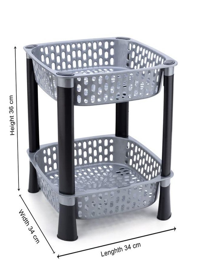 Finner Square 2 Layer Multipurpose Shelf Stand Basket Rack for Kitchen & Office Use Easy-to-Move Slide Out Stand Rack Basket Fruits & Vegetables Basket Stand-(Grey) - Image 3