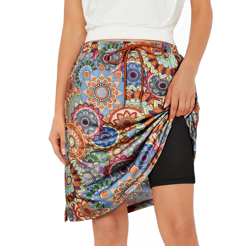 Zando Plus Size Skort Knee Length Skirts Hawaii Skorts with Pockets Skorts for Women Dressy Casual Drawstring Skirt with Shorts -Athletic Tummy Control -for Tennis Golf Bohemian Flowers 3X-Large - Image 1