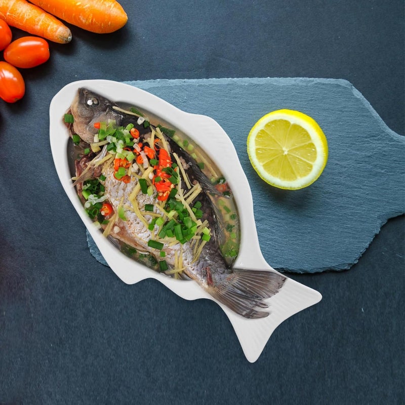 DOITOOL Fish Plate Fish Plate Ceramic Serving Platter Dish Fish Shape Textured Serving Dish Porcelain Serving Platter Food Tray Party Platter for Fruit or Cheese 132L x 73W - Image 3