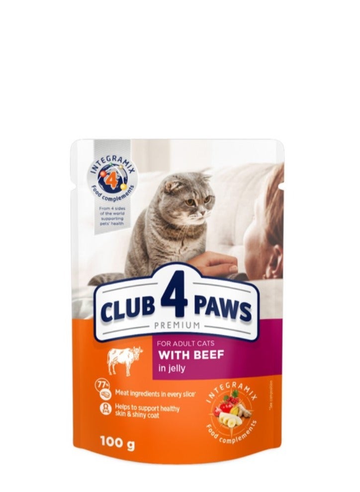 كلوب 4 بوز كلب 4 باوز للقطط البالغة مع اللحم البقري في الجيلي – 100 جم