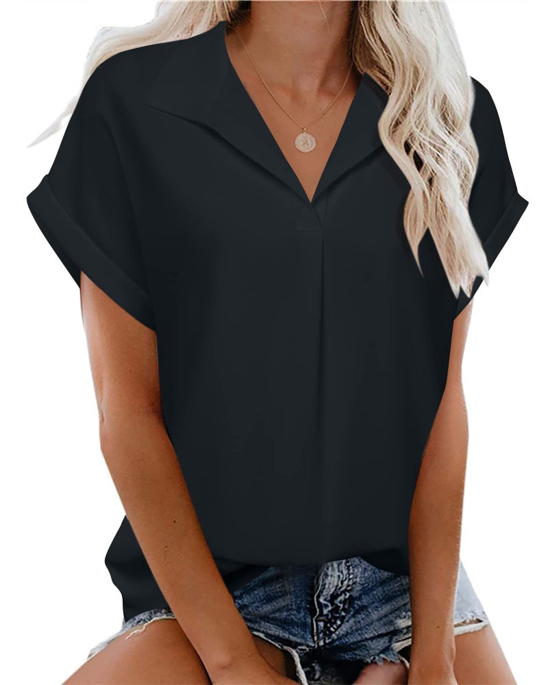 Timeson Womens Blouses for Work Professional: Business Attire Dress Shirts Short Sleeve - Work Clothes for Women Office Summer - Womens Tops Dressy Casual Chiffon Formal Interview Outfits Black M - Image 3