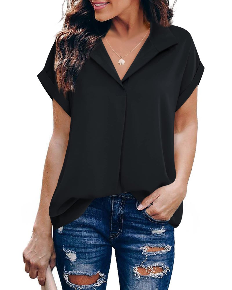 Timeson Womens Blouses for Work Professional: Business Attire Dress Shirts Short Sleeve - Work Clothes for Women Office Summer - Womens Tops Dressy Casual Chiffon Formal Interview Outfits Black M - Image 2