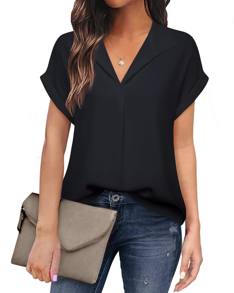 Timeson Womens Blouses for Work Professional: Business Attire Dress Shirts Short Sleeve - Work Clothes for Women Office Summer - Womens Tops Dressy Casual Chiffon Formal Interview Outfits Black M - Image 1