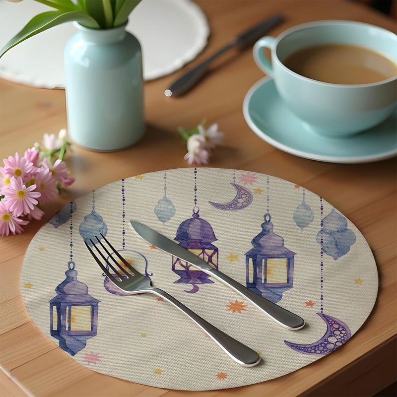 Islamic Moon Print Round Linen Placemats, Ramadan Eid Festival Table Decor Heat Resistant Mats, Durable Washable Dining Table Mats for Kitchen  Restaurant - Image 1
