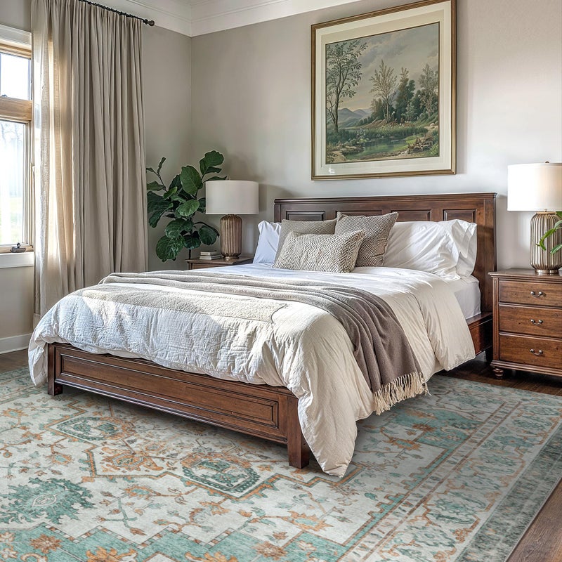 GENIMO 5x7 Area Rugs for Living Room, Machine Washable Non Slip Vintage Rugs, Low Pile Lightweight Chenille Print Rug for Bedroom, Dining Room, Home Office, Cyan - Image 3