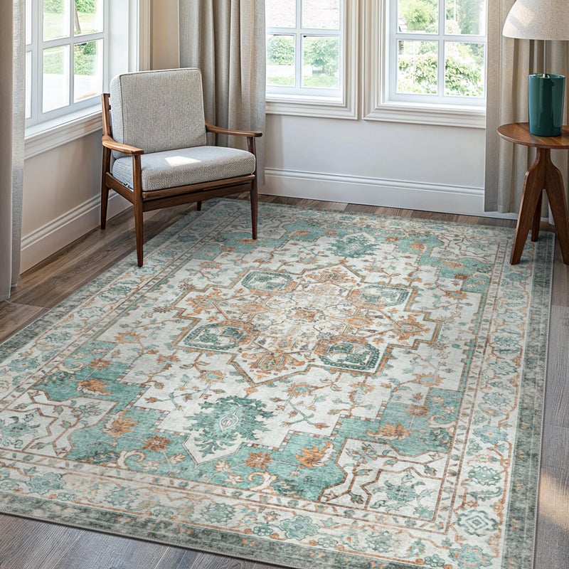 GENIMO 5x7 Area Rugs for Living Room, Machine Washable Non Slip Vintage Rugs, Low Pile Lightweight Chenille Print Rug for Bedroom, Dining Room, Home Office, Cyan - Image 2