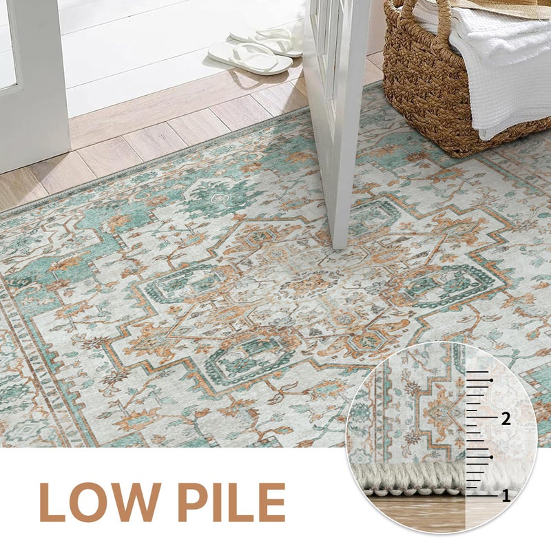 GENIMO 5x7 Area Rugs for Living Room, Machine Washable Non Slip Vintage Rugs, Low Pile Lightweight Chenille Print Rug for Bedroom, Dining Room, Home Office, Cyan - Image 4