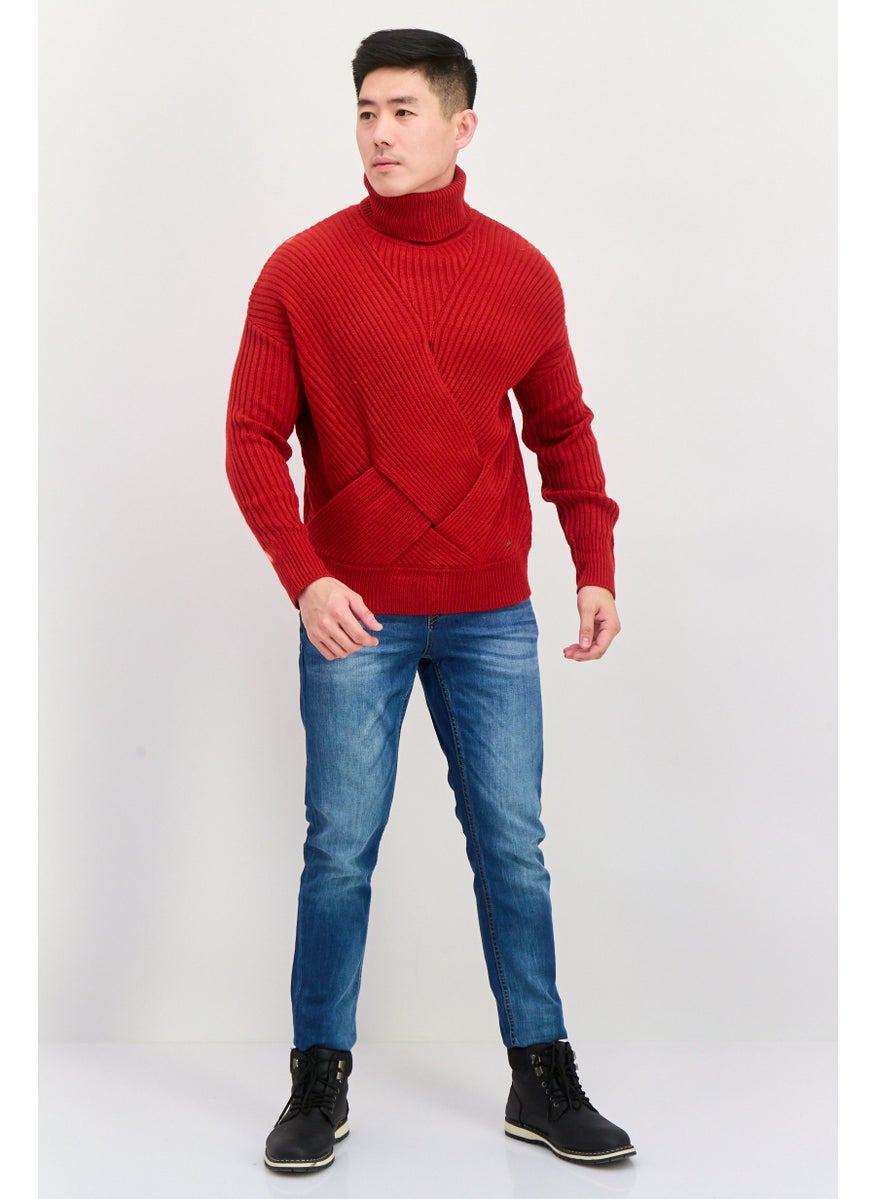 Pepe Jeans Men Turtle Neck Long Sleeve Textured Sweater, Red  - Image 3