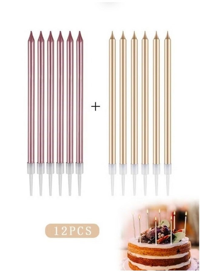 Beauenty 12 Pieces Electroplate Birthday Cake Candles Long Thin Birthday Cake Candles in Holders for Birthday Cakes Cupcake Decorations, Wedding, Party (Gold+Pink) - Image 1