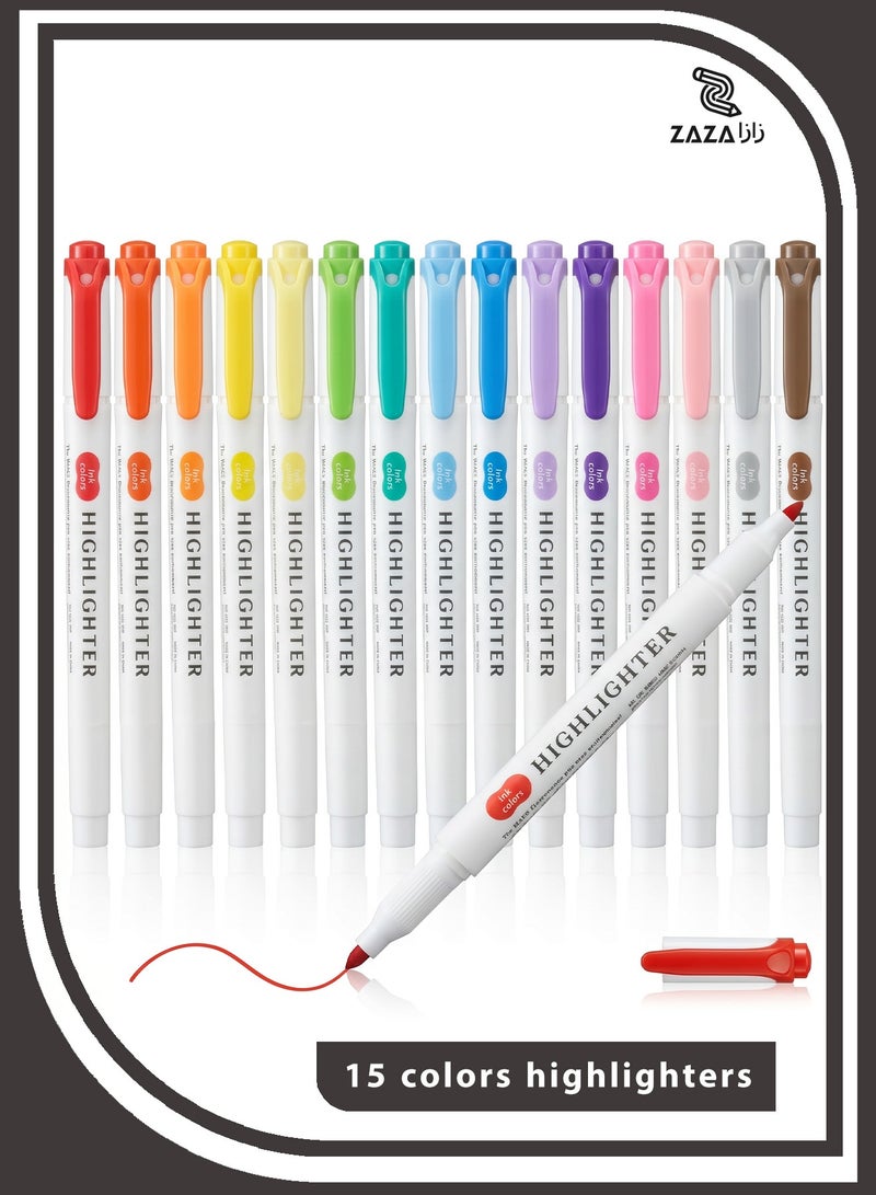 ZAZA 15 Pcs Highlighter Pen, Marker Pen, Dual Tip Mild Colors Highlighters, Chisel and Fine Tip Marker Pens for Kids, Adults Note Taking, School Stationery - Image 1