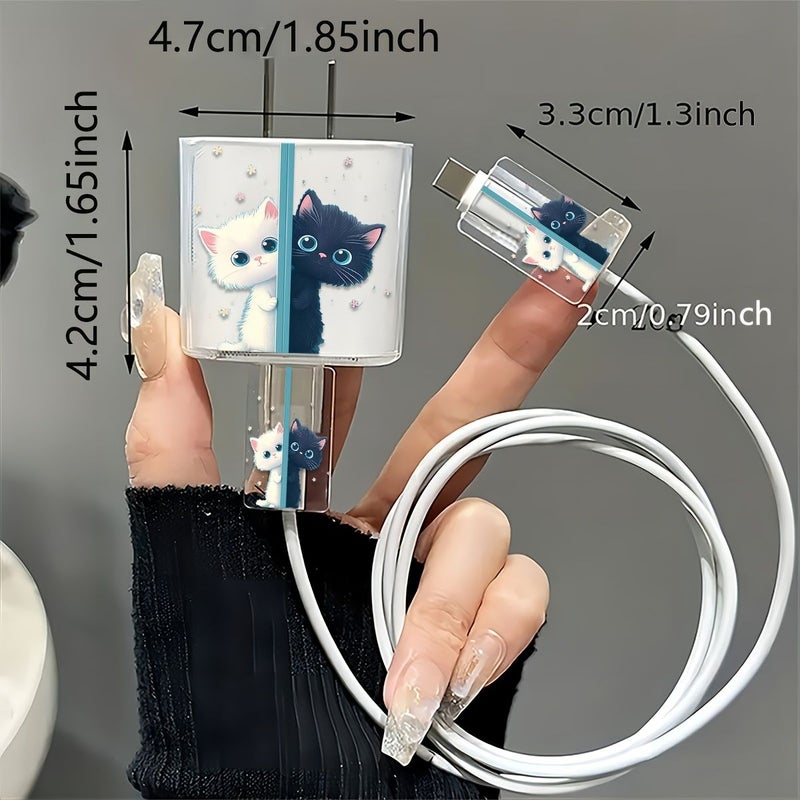 Cute Black And White Cat Pattern 3 Piece Set Transparent TPU Charger Protector Case For iPhone 18W 20W Charging Cable Protector Cover With Cable Organizer - Image 2