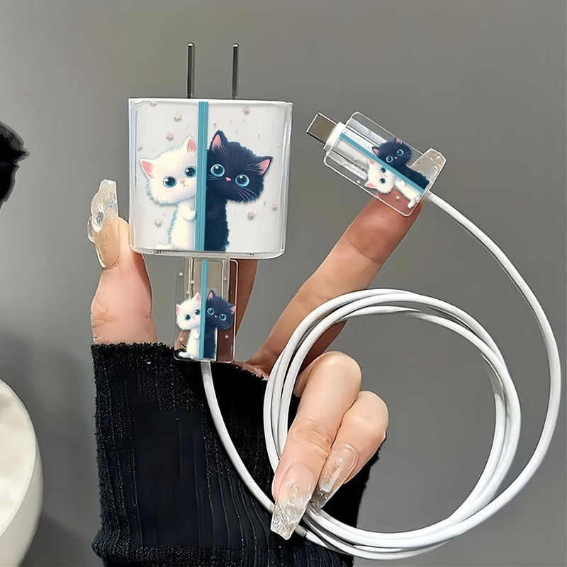 Cute Black And White Cat Pattern 3 Piece Set Transparent TPU Charger Protector Case For iPhone 18W 20W Charging Cable Protector Cover With Cable Organizer - Image 1